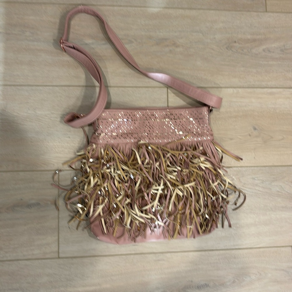 Candie's Crossbody shoulder bag purse blush Pink with fringe boho vibes
